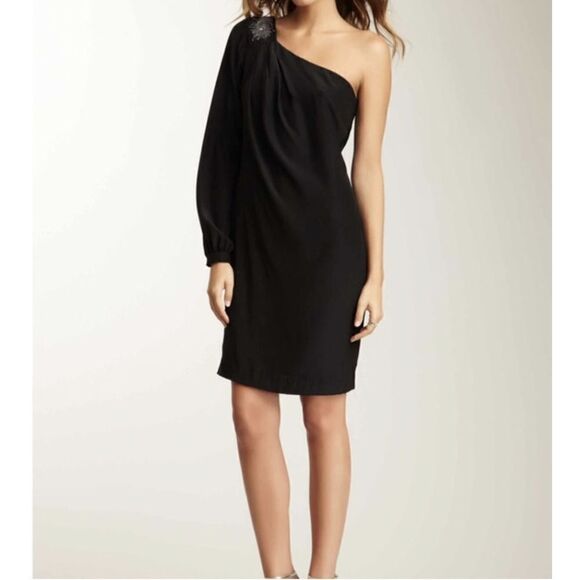 Trina Turk Black One Shoulder Beaded Dress Size 0? 100% Silk Long Sleeve - Picture 1 of 13